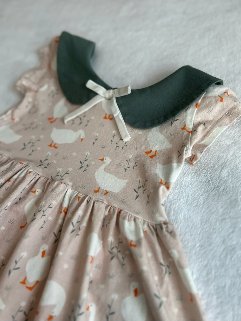 Girls Taupe Goose-Print Dress with Green Peter Pan Collar